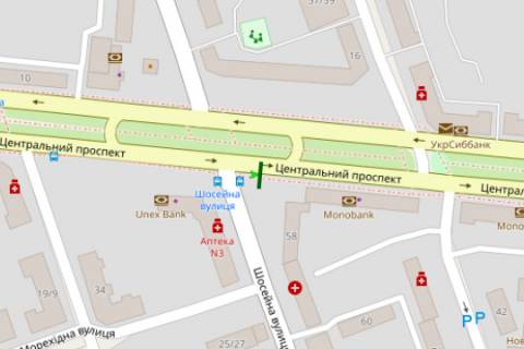 Citylight A in Mykolaiv, 1.2x1.8  Central'nij prosp. (Lenina prosp.), 21 - Sosejna st. (Frunze st.) scheme