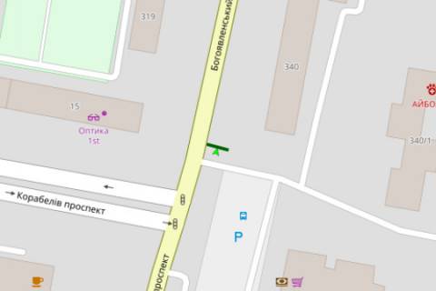 Billboard A in Mykolaiv, 3x6  Bogoavlens'kij prosp. (Zovtnevij prosp.) - Korabeliv prosp. scheme