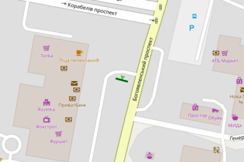 Billboard A in Mykolaiv, 3x6  Bogoavlens'kij prosp. (Zovtnevij prosp.) - Korabeliv prosp., 14 scheme