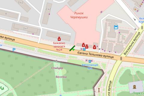 Billboard A in Kropyvnytskyi (Kirovograd), 3x6  Evgena Tel'nova st. - Vokzal'na st. (Zovtnevoi Revolucii st.), (Municipal'nij rinok) scheme