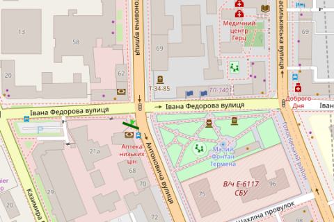 Video Billboard A in Vasylivka, 2.3x3.14  Antonovica st. (Gor'kogo st.), 66 - Ivana Fedorova st. (TT 6.8 352h484) - 421822 scheme