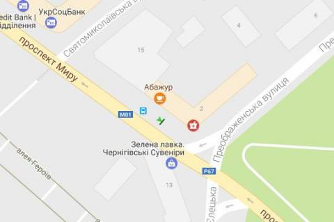 Citylight B in Chernihiv, 1.2x1.8  Miru prosp., 13 - Preobrazens'ka st., 2 (No1) scheme