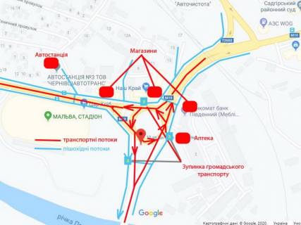 Megaboard B in Chernivtsi Transportna rozvazka vulic' Vokzal'na - Galic'kij slah  - Hotins'koi, z mosta scheme
