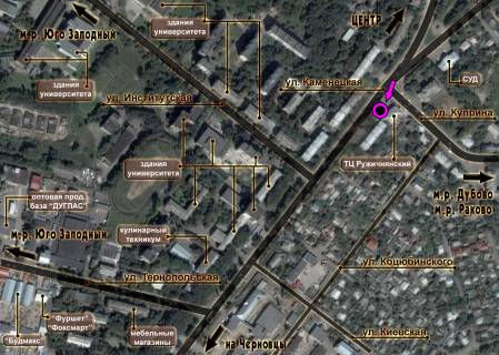 Billboard B in Khmelnitsky, 3*6  perehresta st.Kam'anec'ka - st.Petluri (Ruzicnans'kij univermag). nepodalik: TC "Ruzicnans'kij", skupcenna MAFiv, zupinki, sud (vid centru) scheme
