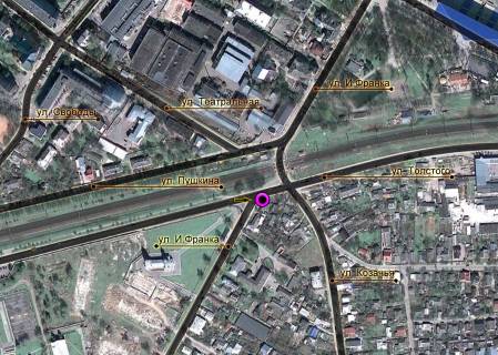 Billboard A in Khmelnitsky, 3*6  st.Knaza S.Horobrogo - st.I.Franka (magazin). nepodalik:zupinka, centr mista (vid centru) scheme