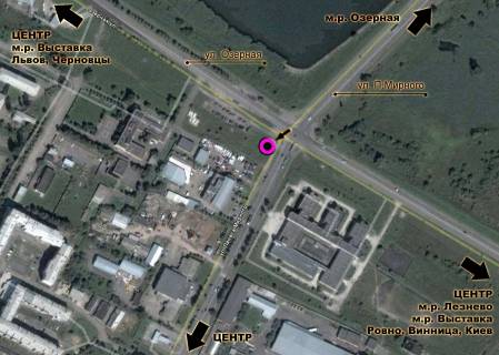 Billboard A in Khmelnitsky, 3*6  perehresta st.P.Mirnogo - st.Ozerna. nepodalik: avtosalon "AIS", skladi budmaterialiv (v centr) [live vuho] scheme