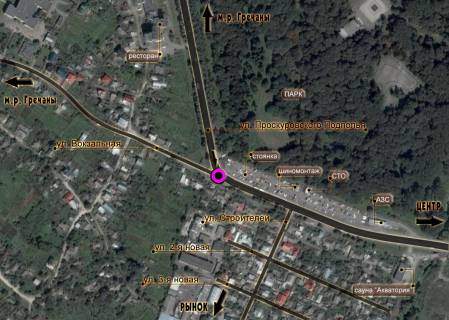 Billboard A in Khmelnitsky, 3*6  T-podibne perehresta st.Proskurivs'kogo pidpilla - st.Vokzal'na. nepodalik: velika avtostoanka, park, privatna zabudova (v centr) [live vuho] scheme