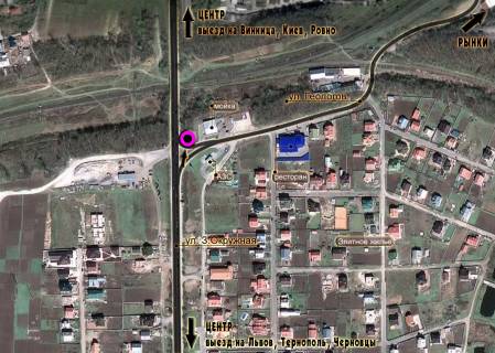 Billboard A in Khmelnitsky, 3*6  perehresta st.Z.Okruzna - st.Geologov. nepodalik: osnovnij zaizd na rinki, STO, mijka, sinomontaz, AZS, Gazova AZS, elitna zabudova (vid centru, na rinki) [live vuho] scheme