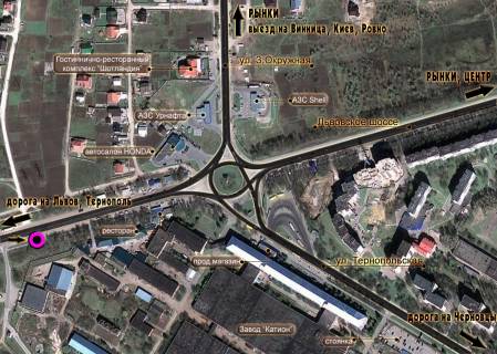 Billboard A in Khmelnitsky, 3*6  L'vivs'ke sose (150m. do kruga). nepodalik: avtosalon "Honda", AZS "Sell", "UkrNafta", elitna privatna zabudova (v'izd v misto, v centr) scheme