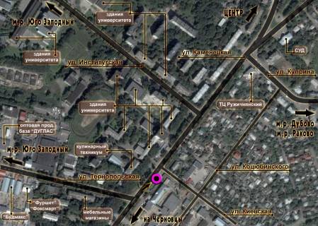 Billboard A in Khmelnitsky, 3*6  st.Kam'anec'ka - st.Ternopil's'ka. nepodalik: universitet, biblioteka, supermarket "Furset", avtostancia, zupinka (v centr) scheme