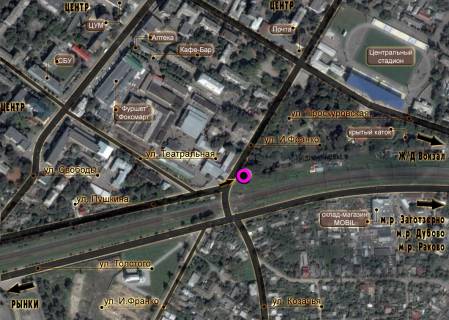 Billboard A in Khmelnitsky, 3*6  T-podibne perehresta st.Skobli - st.I.Franka. nepodalik: Z/D pereizd, park, centr mista (centr) [prave vuho] scheme