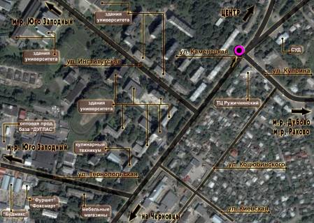 Billboard B in Khmelnitsky, 3*6  perehresta st.Kam'anec'ka - st.Petluri. nepodalik: TC "Ruzicnans'kij", skupcenna MAFiv, zupinki, sud (v centr) scheme