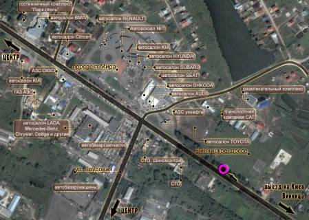 Billboard A in Khmelnitsky, 3*6  Vinnic'ke sose (bliznij do avtovokzalu  No1). nepodalik: avtovokzal No1, avtorinok (+/- 7Ga), avtorinok, avtosaloni "BMV", "Mersedes", "Opel'", "Reno", "Hundaj", "Skoda" ta insi, oficijnij servis "BOS" (v'izd v misto, v centr) scheme