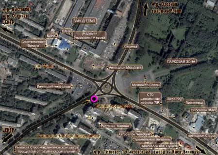 Billboard A in Khmelnitsky, 3*6  kil'ce av.Miru - Starokostantinivs'ke sose. nepodalik: supermarket "Sil'po", magazini avtozapcastin, avtorinok, avtosaloni "BMV", "Mersedes", "Opel'", "Reno", "Hundaj", "Skoda" ta insi, oficijnij servis "BOS" (vid centru) scheme