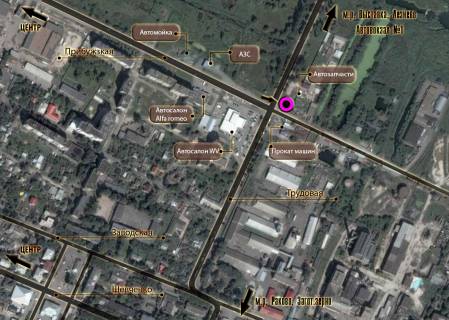 Billboard A in Khmelnitsky, 3*6  T-podibne perehresta st.Pribuz'ka - st.Trudova (STO). nepodalik: AZK, avtosalon+STO "Skoda, VW, Honda, Fiat", STO, restoran "Sobkoff" (vid centru) [prave vuho] scheme