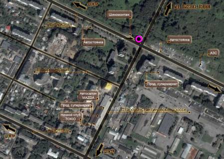 Billboard B in Khmelnitsky, 3*6  perehresta Starokostantinivs'ke sose - st.Pribuz'ka, (sinomontaz). nepodalik: avtostoanka, sinomontaz, AZK, supermarket "Vopak", neprodovol'cij rinok (vid centru) scheme