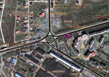 Billboard A in Khmelnitsky, 3*6  kil'ce L'vivs'ke sose - st.Ternopil's'ka - st.Z.Okruzna. nepodalik: kinceva zupinka, avtosalon "Honda", AZS "Sell", "UkrNafta", elitna privatna zabudova (v'izd v misto, v centr) scheme