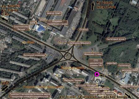 Billboard B in Khmelnitsky, 3*6  av.Miru - Starokostantinivs'ke sose (memorial slavi). nepodalik: supermarket "Sil'po", magazini avtozapcastin, avtorinok, avtosaloni "BMV", "Mersedes", "Opel'", "Reno", "Hundaj", "Skoda" ta insi, oficijnij servis "BOS" (v centr) scheme