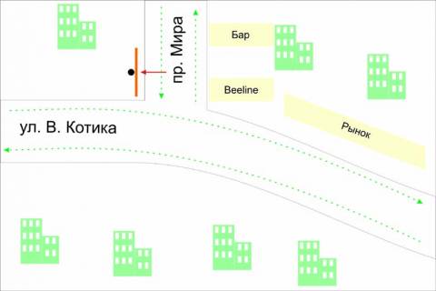 Billboard A in Shepetivka, 3*6  perehresta av.Miru - st.V.Kotika. nepodalik: rinok, magazini, mafi, supermarket (centr) scheme