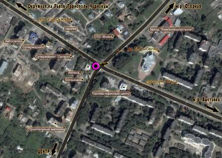 Billboard A in Khmelnitsky, 3*6  perehresta av.Miru - st.M.Ribalka. nepodalik: zupinka, skupcenna MAFiv, supermarket "Sil'po", TC (v centr) scheme