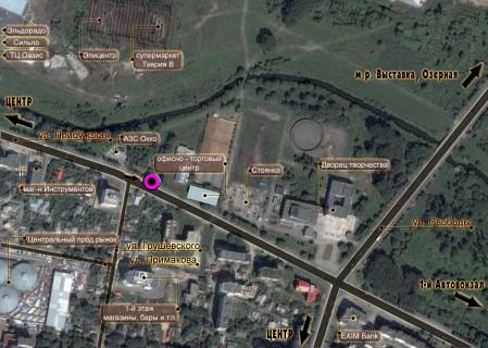 Billboard B in Khmelnitsky, 3*6  perehresta st.Pribuzzkaa - st.Grusevs'kogo. nepodalik: "Epicentr", supermarket "Tavria V", "Sil'po", TRC "Oazis", central'nij rinok, elitna zabudova "Nabereznij kvartal", "Atlant" (centr) scheme