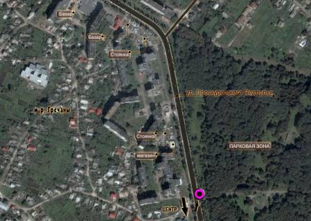 Billboard A in Khmelnitsky, 3*6  st.Proskurivs'kogo Pidpilla (park). nepodalik: zona vidpocinku, mini rinok, zupinki, privatna ta bagatopoverhova zabudovi (vid centru) scheme