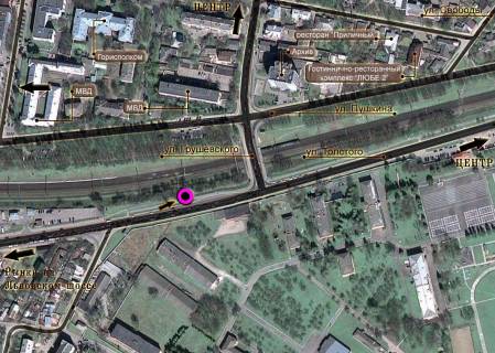 Billboard B in Khmelnitsky, 3*6  st.Knaza S.Horobrogo - st.Grusevs'kogo (zi storoni rozv'azki). nepodalik: velika stoanka (v centr) scheme