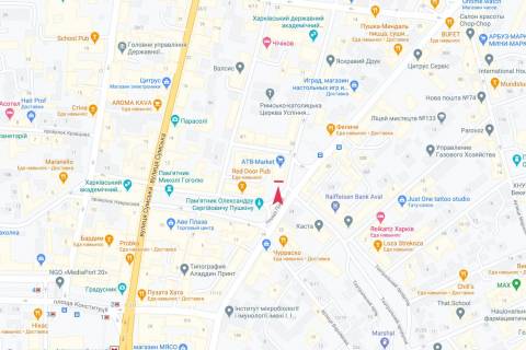 Billboard A in Kharkiv, 11,56 х 5,760  Puskinskaa st. - Mar'anenko, 4, plosad' Poezii, per. Teatral'nyj, v centr (napravlenie k m. Arhitektora Beketova, MakDonal'dsu, povorot na st. Sumskuu) scheme