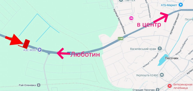Billboard A in Kharkiv highway Траса Київ-Харків-467 км- сел. Пісочин-біля АЗС WOG-поворот на Рай-Єленівку-в'їзд у місто scheme