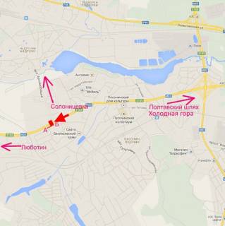 Billboard B in Pisochin, 3х6  Poltavs'kij slah-sel.Pisocin-st. Avtomobil'na bila dvoh AZS, iz centru scheme