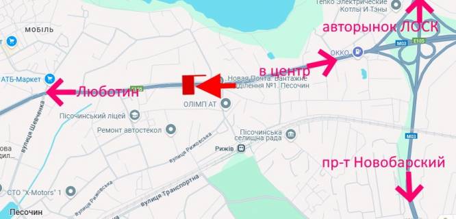 Billboard A in Pisochin Полтавський шлях-Пісочин-в'їзд Південний-прапорець №4-з центру scheme