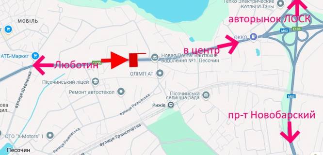 Billboard B in Pisochin Полтавський шлях-Пісочин-в'їзд Південний-прапорець №4-в центр scheme