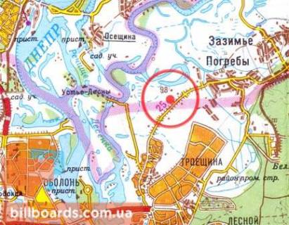 Billboard A in Kyiv, 3х6  Troesina: Pogrebs'kij slah (st. Radosin'skaa), 800 m do st. Miloslavs'ka, Opikovij centr / v'izd v Kiiv z boku Pogrebiv-Zazim'a (stacionarnij blok-post), restorani Mangal House, BorodiBar, Fazenda; AZS Avantage 7, skladi budmaterialiv Profitrejd, scheme