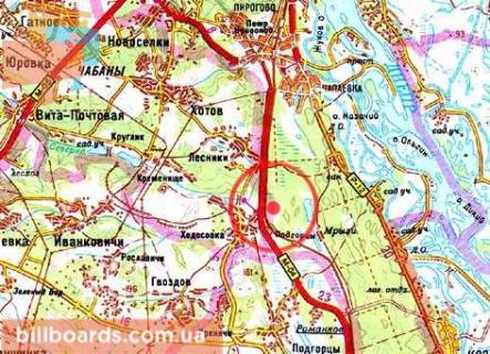 Billboard A in Khodosivka, 3х6  A/d N-01 Kiiv-Lugans'k 01; km 22+800 m, livoruc - Dniprovs'ke sose, 4 / napramok ruhu v Kiiv, s/m MegaMarket, Hodosiivka/Lisniki, naproti Centr RockSide, InterFlora ta in. scheme