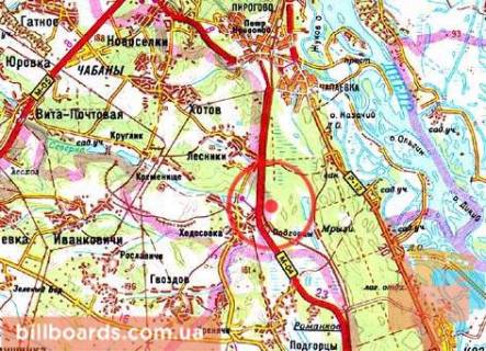 Billboard B in Khodosivka, 3х6  A/d N-01 Kiiv-Lugans'k 01; km 22+800 m, livoruc - Dniprovs'ke sose, 4 / napramok ruhu z Kieva, 400 m do MegaMarketu, Hodosiivka/Lisniki, naproti Centr RockSide, InterFlora ta in. scheme