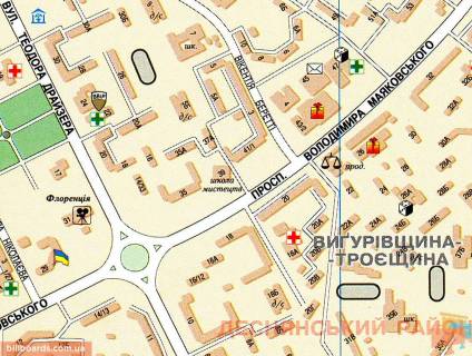 Billboard A in Kyiv prosp. Maakovskogo, 22; delovoj centr Troesiny: Festival'nyj, rynok, Kalinka-Malinka, TC Maak, Darina, Bumi i dr.; ostan. obs. transporta scheme