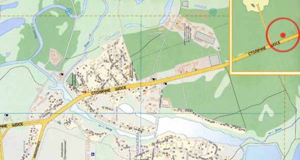 Billboard B in Kozin, 3х6  Konca-Zaspa 01, a/d Kiiv-Obuhiv; km 31+850 m, livoruc / napramok z Kieva, s.Kozin, 1 km pisla Queen Country Club ta fudmarketu Favore, zupinka "Dnipro", KG Romanove, R-01 "stara obuhivs'ka trasa" (Obuhivs'ke sose) scheme