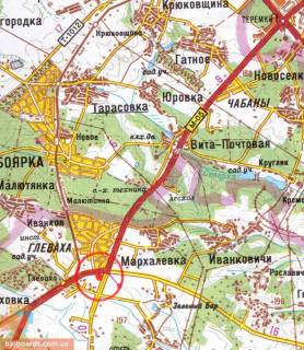 Billboard B in Glevakha, 3х6  A/d M-05 Kiiv-Odesa 09, km 27+800 m, livoruc / napramok z Kieva, s. Glevaha, za rozv'azkou na Vasil'kiv, baza KlinkerBud Ukraina, pered AZS UkrNafta, navproti Glevahivs'kogo rinku, za pisohidnim mostom, 14 km vid Odes'koi pl. scheme