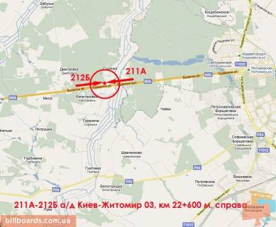 Billboard B in Parking, 3х6  A/d M-06 Kiiv-Zitomir 03; km 22+600 m, pravoruc / z Kieva, s. Stoanka (Zitomirs'ke sose), AZS Glusco, pered mostom-rozv'azkou na Irpin'; 1,7 km do KP (v'izd do Kieva) scheme
