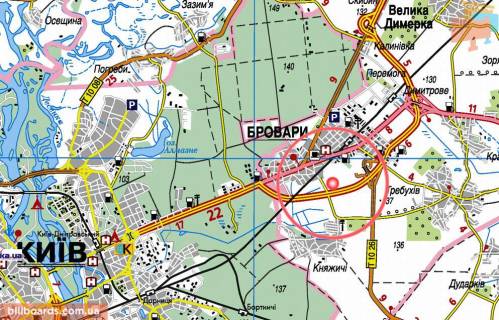 Billboard A in Brovary, 3х6  Brovari - Kil'ceva (a/d Kiiv-Cernigiv 01, km 21+600 m, livoruc) - napramok ruhu v Kiiv, 1 km do svitlofora na rozv'azci Brovars'kogo prosp., pered zaliznicnim mostom scheme