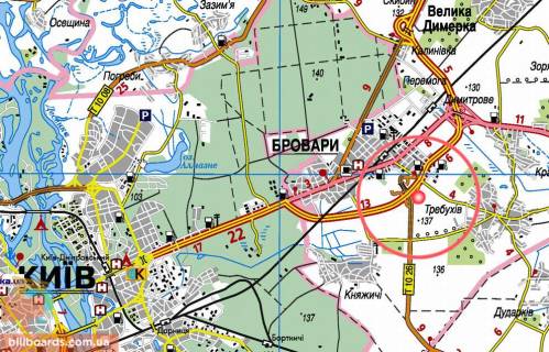 Billboard A in Brovary, 3х6  Brovari, Ob'izna doroga, 68 (a/d E-95 Kiiv-Cernigiv 03, km 26+000 m, pravoruc); napramok ruhu z Kieva, navproti IKEA Retail Ukraine, pered logisticnim centrom Rozetka, sklad Nova posta, majdancik Torgovij dim Budmateriali; velika transp. rozv'azka scheme