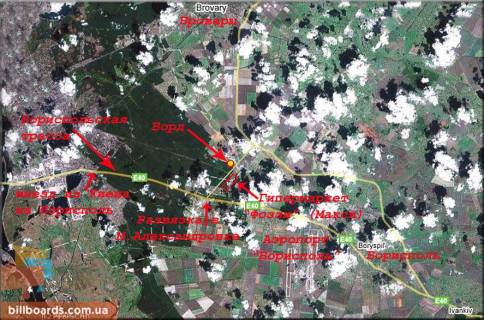 Billboard A in Proliski, 3х6  PSO R-03, km 4+900 m, pravoruc - Fozzi na Borispil's'kij trasi - svitlofor na viizdi z parkovki (Mala Oleksandrivka), Amako, navproti zaizdu na central'nij logisticnij centr Nova posta, mitnica, viizd na Borispil's'ku trasu / Pivnicno-Shidnij ob'izd scheme