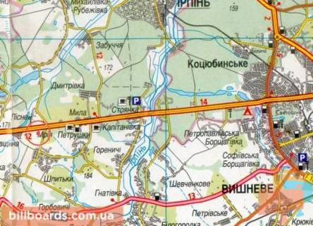 Billboard A in Kiev roads, 3х6  A/d M-06 Kiiv-Zitomir 09, km 29+850 m, pravoruc / z Kieva; s.Mria; avtosalon Camper, viizd z AZS BRSM; Zitomirs'ke sose (10 km vid KP) scheme