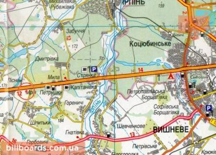 Billboard B in Kiev roads, 3х6  A/d M-06 Kiiv-Zitomir 09, km 29+850 m, pravoruc / v Kiiv; s.Mria; pered avtosalonom Camper, viizd z AZS BRSM; Zitomirs'ke sose (10 km do KP) scheme