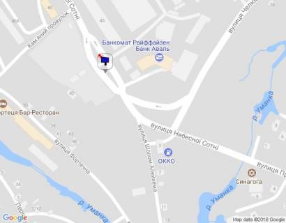 Billboard A in Uman m. Uman', st. Nebesnoi Sotni, za 60m do rozv'azki z st. Celuskinciv ta st. Solom-Alejhema, za 120m do AZS OKKO, cerez 60m pisla avtobusnoi zupinki ta 130m pisla povorotu na provulok Kam'anij scheme