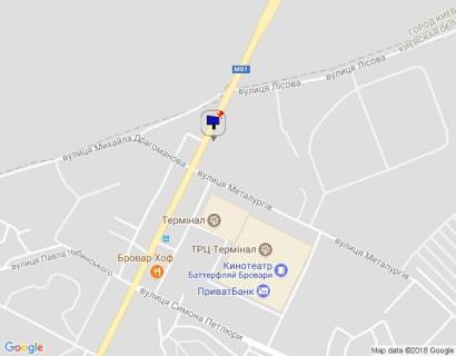 Billboard B in Brovary, 6х3   m. Brovari, st. Kiivs'ka, 326, navproti kafe "U lisi", za 80m do povorotu na st. Metalurgiv, za 190m do TRC "Terminal" ta magazinu "MegaMarket", za 190m do AZS "KLO", za 355m do rozvilki z st. Pavla Cubins'kogo ta st. Simona Petluri, cerez 120m scheme