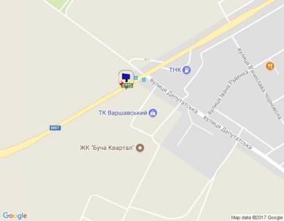 Billboard A in Bucha, 6х3  m. Buca, trasa M-07 "Kiiv-Kovel'", km 30+150 livo, st. Nove Sose, perehresta z st. Deputats'ka, ZK "Varsavs'kij", ZK "Buca-Kvartal" scheme