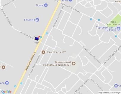 Billboard A in Brovary, 6х3  m. Brovari, st. Kiivs'ka, navproti budinku 302, cerez 170m pisla magazinu "Epicentr" ta magazinu "Novus", cerez 25m pisla povorotu na st. Kozac'ka, za 220m do povorotu do ZK "Lisovij kvartal", za 340m do magazinu "Sil'po" scheme