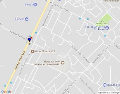 Billboard B in Brovary, 6х3  m. Brovari, st. Kiivs'ka, 302, cerez 180m pisla magazinu "Epicentr" ta magazinu "Novus", cerez 35m pisla povorotu na st. Kozac'ka, za 210m do povorotu do ZK "Lisovij kvartal", za 330m do magazinu "Sil'po" scheme