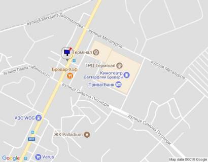 Billboard A in Brovary, 6х3   m. Brovari, st. Kiivs'ka, navproti TRC "Terminal" ta magazinu "MegaMarket", za 95m do rozvilki z st. Pavla Cubins'kogo ta st. Simona Petluri, za 245m do povorotu na st. Vasila Stefanika, za 265m do AZS "WOG", cerez 60m pisla AZS "KLO", cerez scheme